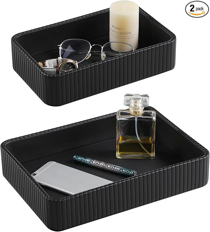 2 Pack Nightstand Organizer Tray, Decorative Perfume Valet Tray Trinket Dish Catch All Purse Key Bowl, PU Leather Coffee Table Trays for Vanity Dresser Bedside Bathroom Countertop (Black)