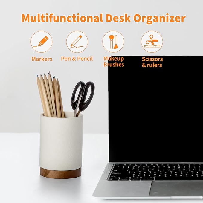 Pen Holder for Desk, Ceramic Pencil Organizer & Makeup Brush Holder, Office Decor and Desk Accessories,Perfect Office Organization,Teacher Supplies(White, Set / 2)
