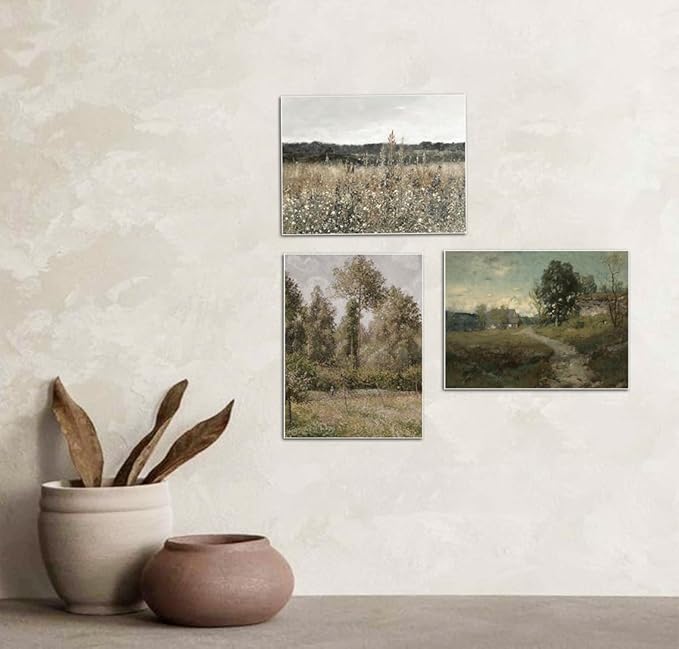 Vintage Landscape Canvas Wall Art Posters Set of 3 - Meadow with Flowers Painting Prints,Rustic Farmhouse Home Decor,Pastoral Outdoor Views Picture for Living Room Bedroom Bathroom 12x16in Unframed