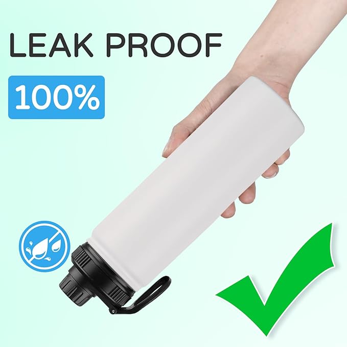 DOMICARE Insulated Water Bottle, 22 oz Vacuum Insulated Stainless Steel Reusable Sports Bottle with Straw Lid & Spout Lid for Travel, Camping, Bike, Leakproof, White, 8 Pack
