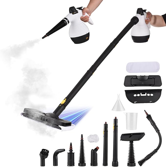 Steam Cleaner, Pressurized Handheld Mop Steam Cleaner for Home with 18 PCS Accessory & Safety Lock, Large Capacity Mop Steam for Cleaning, Car, Bathroom, Shower, Window, Grime, Grease - White