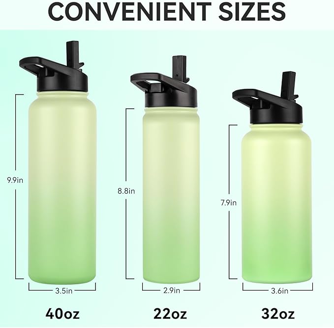 DOMICARE 32 oz Insulated Water Bottle Bulk, Vacuum Insulated Stainless Steel Sports Water Bottle with Straw Lid & Spout Lid, Leakproof, Reusable - Travel, Camping, Bike, Green Gradient (8 Pack)