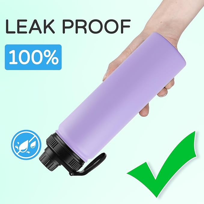 DOMICARE Insulated Water Bottle, 22 oz Vacuum Insulated Stainless Steel Reusable Sports Bottle with Straw Lid & Spout Lid for Travel, Camping, Bike, Leakproof, Purple, 4 Pack