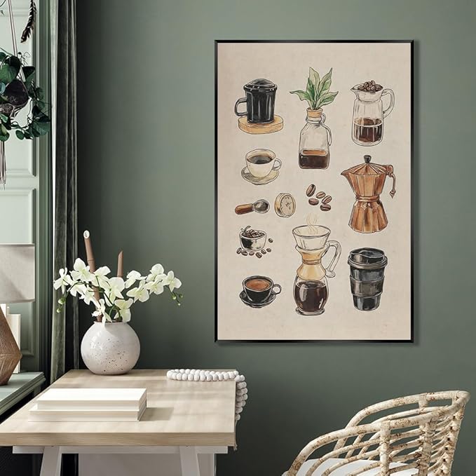 Vintage Espresso Coffee Chart Canvas Print Poster Kitchen Supplies Wall Art Minimalist Watercolor Painting Home Decor Aesthetic Pictures for Dining Room Cafe Shop 12x16inch Metal Black Frame