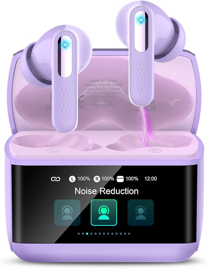 Wireless Earbuds, Bluetooth 5.4 Headphones with Multifunction Touch Screen, 48H Deep Bass Stereo Ear Buds, 5 EQ Modes, ANC/ENC Noise Cancelling, Transparency Mode, IPX7 Earbuds, Purple