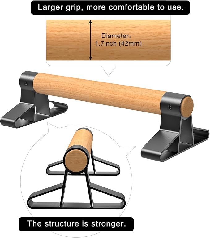 SELEWARE Wood push up bars Parallettes bars Anti-slip Handstand Bars for Calisthenics, Fitness, Floor workouts Solid Wood with Sturdy Metal Bracket, Support 600 lbs