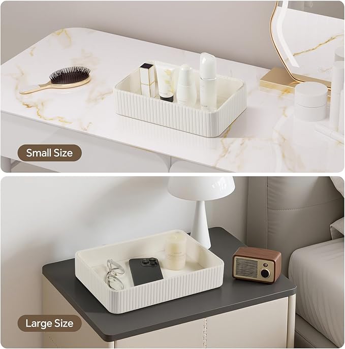 2 Pack Nightstand Organizer Tray, Decorative Perfume Valet Tray Trinket Dish Catch All Purse Key Bowl, PU Leather Coffee Table Trays for Vanity Dresser Bedside Bathroom Countertop (Ivory)