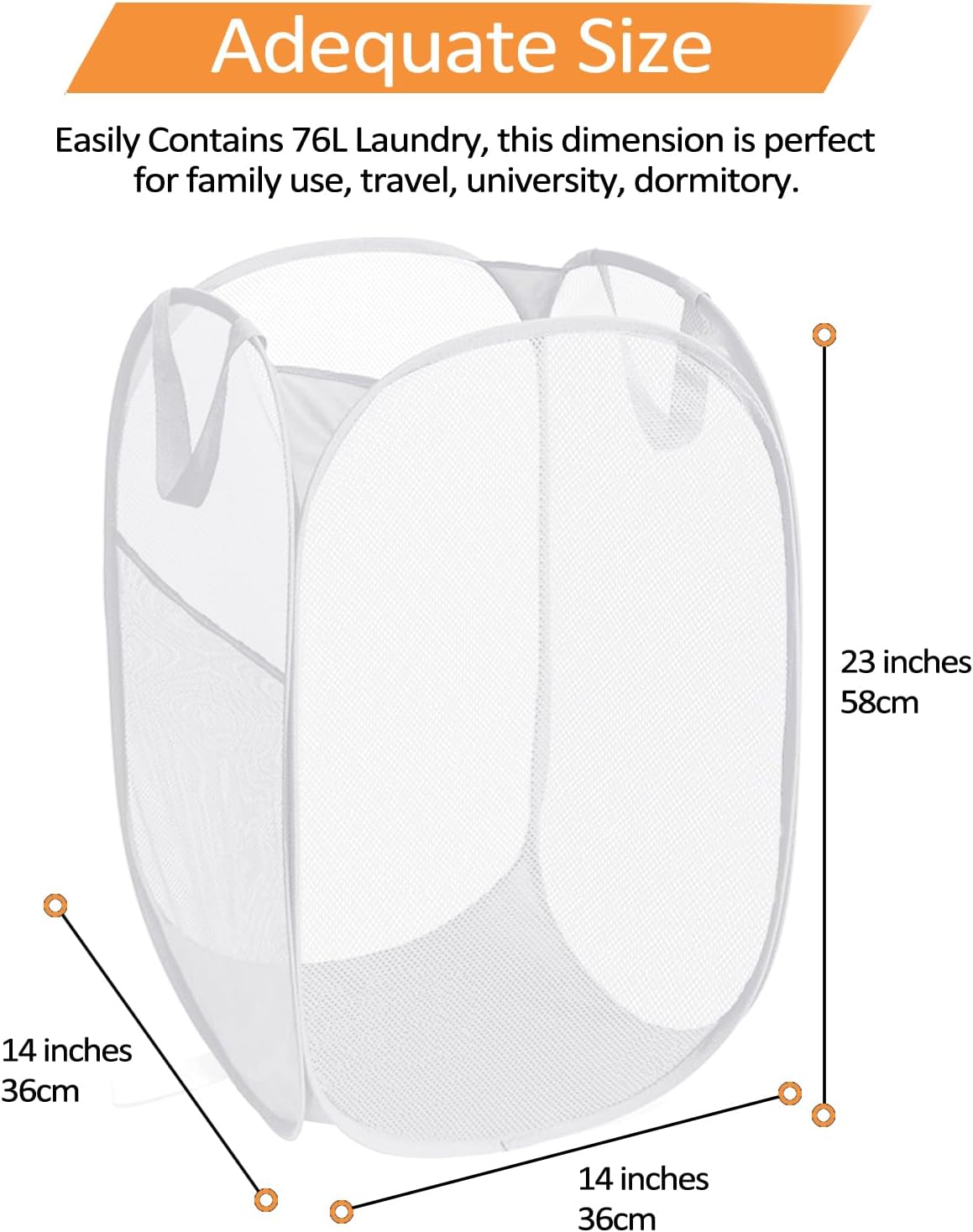 2 Pcs Durable Collapsible Laundry Baskets - Reinforced Mesh Pop Up Laundry Hamper with Pocket, Foldable Dirty Clothes Hamper with Carry Handles for Laundry, Bathroom, Kids Room, Dorm or Travel White