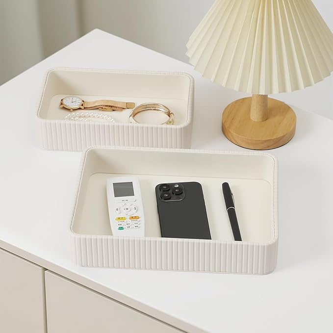 2 Pack Nightstand Organizer Tray, Decorative Perfume Valet Tray Trinket Dish Catch All Purse Key Bowl, PU Leather Coffee Table Trays for Vanity Dresser Bedside Bathroom Countertop (Ivory)