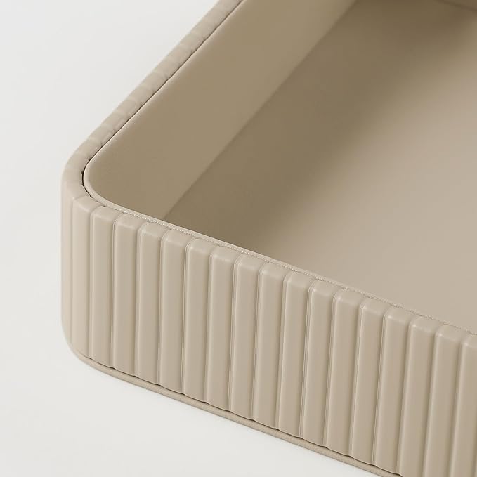 2 Pack Nightstand Organizer Tray, Decorative Perfume Valet Tray Trinket Dish Catch All Purse Key Bowl, PU Leather Coffee Table Trays for Vanity Dresser Bedside Bathroom Countertop (Beige)