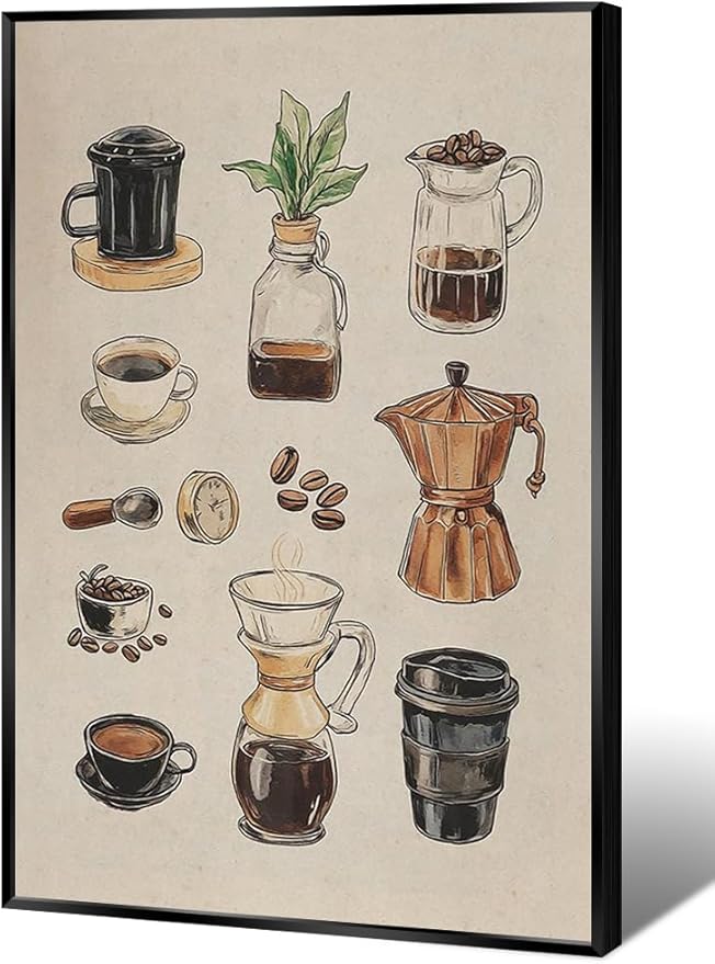 Vintage Espresso Coffee Chart Canvas Print Poster Kitchen Supplies Wall Art Minimalist Watercolor Painting Home Decor Aesthetic Pictures for Dining Room Cafe Shop 16x24inch Metal Black Frame