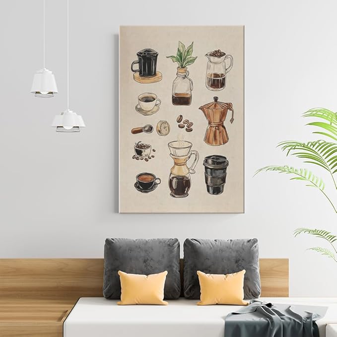 Vintage Espresso Coffee Chart Canvas Print Poster Kitchen Supplies Wall Art Minimalist Watercolor Painting Home Decor Aesthetic Pictures for Dining Room Cafe Shop Restaurant 20x30inch Unframed