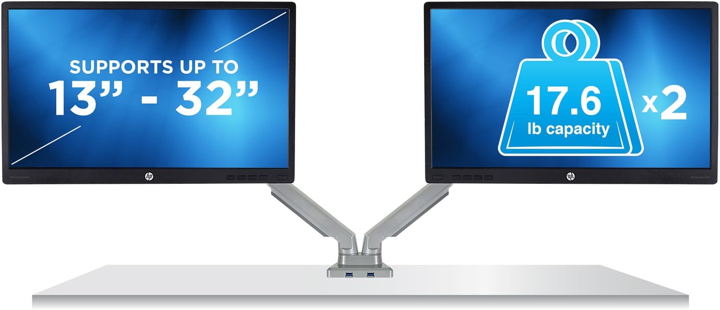 Mount-It! Dual Monitor Arm Mount Desk Stand | 2 x 3.0 USB Ports | Articulating Mechanical Spring Height Adjustable | Fits Two 24 27 29 30 32 Inch VESA 75 100 Compatible Screens | C-Clamp and Grommet