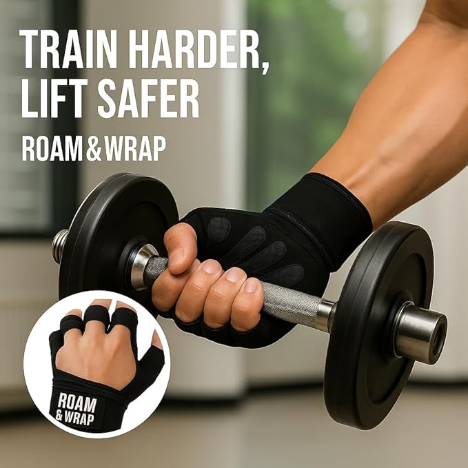 Roam & Wrap - Premium Weightlifting Gloves for Men & Women – Full Palm Protection, Non-Slip Grip, Wrist Support Straps, Breathable Workout Gloves for Gym & Training