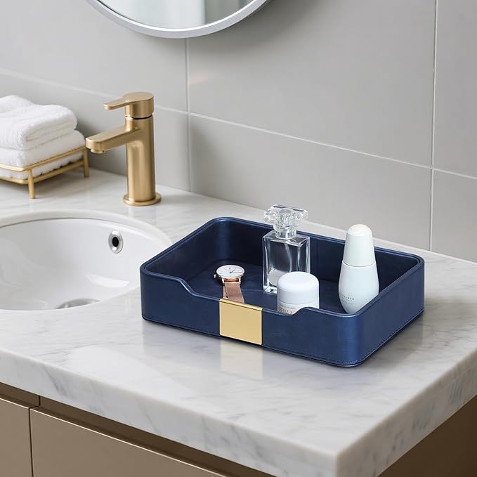 PU Leather Valet Tray with Gold Accent, Decorative Nightstand Organizer Desk Trays Cologne Organizer for Men - Key Bowl Vanity Trinket Tray for Dresser Bedside Entryway Table (Navy Blue)