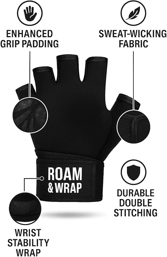 Roam & Wrap - Premium Weightlifting Gloves for Men & Women – Full Palm Protection, Non-Slip Grip, Wrist Support Straps, Breathable Workout Gloves for Gym & Training