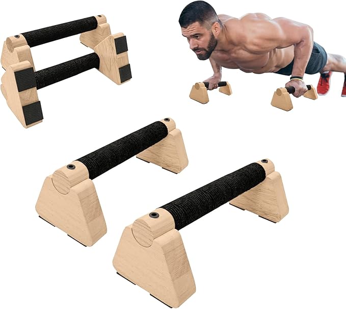 2 PCS Wooden Parallettes Bars, Wood Push Up Bars Calisthenics Equipment with Non-Slip Base, Pushup Handles Fitness Blocks for Men and Women Strength Training