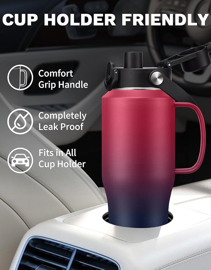 Insulated Water Bottle 32 oz Tumbler with Handle and Straw - Stainless Steel Water Bottle That Fits in Cup Holder, Keep Cold 48h & Hot 24h, Double Wall Thermo Flask Coffee Tumbler Travel Mug