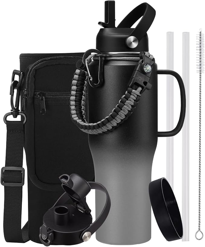 Insulated Water Bottle 32 oz Tumbler with Handle and Straw - Stainless Steel Water Bottle That Fits in Cup Holder, Keep Cold 48h & Hot 24h, Double Wall Thermo Flask Coffee Tumbler Travel Mug