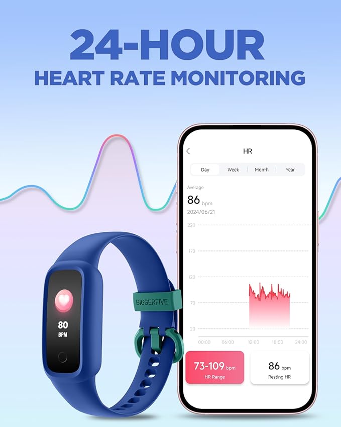 BIGGERFIVE Vigor 2 L Kids Fitness Tracker Watch for Boys Girls Ages 5-15, Activity Tracker, Heart Rate Sleep Monitor, IP68 Waterproof, Pedometer, Calorie Step Counter Watch, Blue