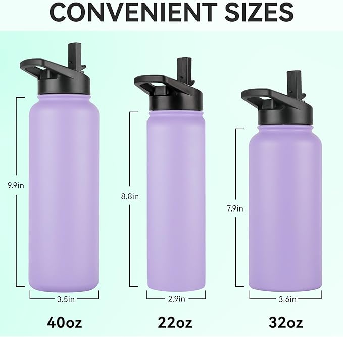 DOMICARE Insulated Water Bottle, 22 oz Vacuum Insulated Stainless Steel Reusable Sports Bottle with Straw Lid & Spout Lid for Travel, Camping, Bike, Leakproof, Purple, 1 Pack
