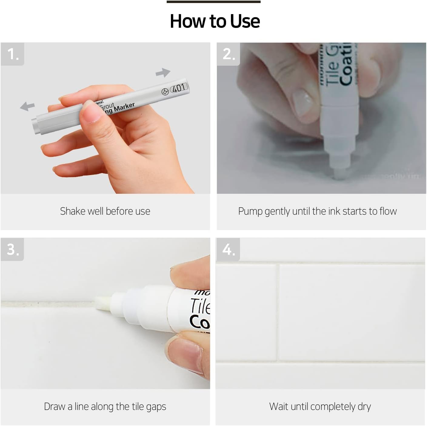 MONAMI Tile Grout Coating Marker 401, Chisel Tip (1.5~4mm), Repair Marker with Replaceable Nib Tips to Restore Grout Lines, White, 1 Marker + 2 Extra Tips