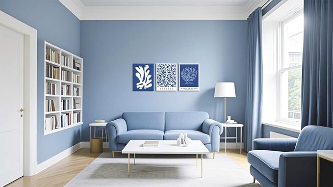 Framed Henri Matisse Canvas Wall Art Set of 3 - Abstract Blue and White Botanical Line Wall Decor Paintings, Modern Minimalist Poster Prints Aesthetic Home Decor for Living Room Bedroom Office 12x16 inch