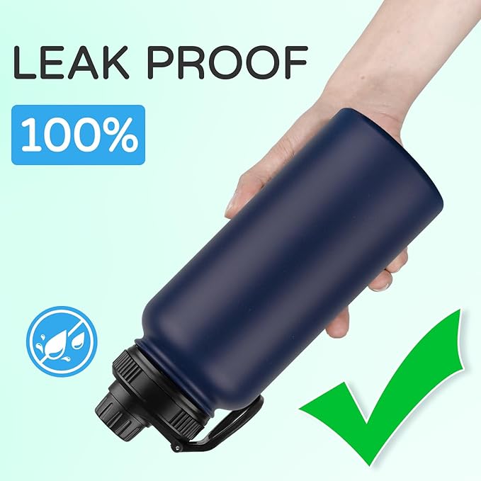 DOMICARE 32 oz Insulated Water Bottle, Vacuum Insulated Stainless Steel Sports Water Bottle with Straw Lid & Spout Lid, Leakproof, Reusable - Travel, Camping, Bike, Navy Blue