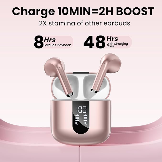 Wireless Earbuds, Bluetooth Headphones with Deep Bass Stereo, 48H Playback Ear Buds with LED Power Display Charging Case, IPX7 Waterproof in-Ear Earphones with Mic for iPhone, Android Phone, Rose Gold