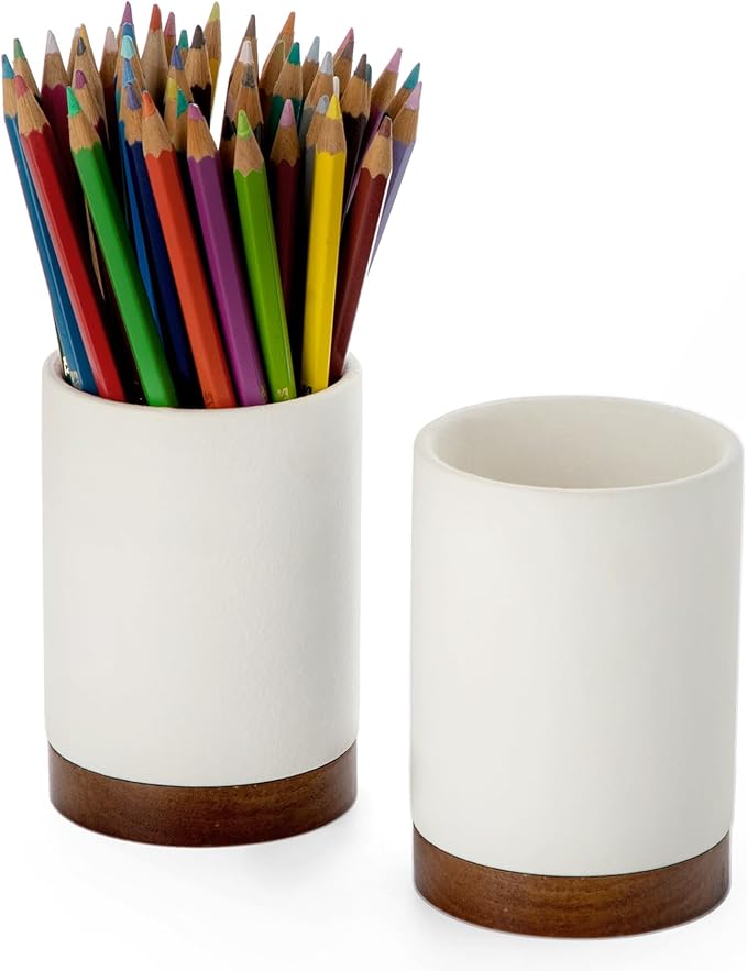 Pen Holder for Desk, Ceramic Pencil Organizer & Makeup Brush Holder, Office Decor and Desk Accessories,Perfect Office Organization,Teacher Supplies(White, Set / 2)
