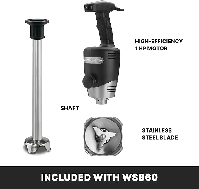 Waring Commercial WSB60 Big Stix Heavy Duty Immersion Blender, 16" Removable Shaft, 1 HP/700 Watt Variable Speed Motor, 120V, 5-15 Phase Plug,Black/Silver,25-Gallon