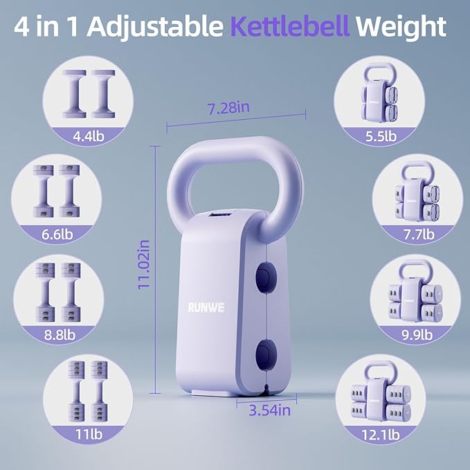 Lightweight Adjustable Dumbbell Kettlebell Set - 4 in 1 Free Weight Set with Kettlebell Grip Converter, Each 2.2 3.3 4.4 5.5lb Quick Change Weight Women Dumbbell Set for Small Spaces Home Gym