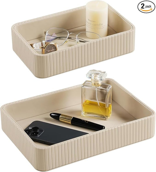 2 Pack Nightstand Organizer Tray, Decorative Perfume Valet Tray Trinket Dish Catch All Purse Key Bowl, PU Leather Coffee Table Trays for Vanity Dresser Bedside Bathroom Countertop (Beige)