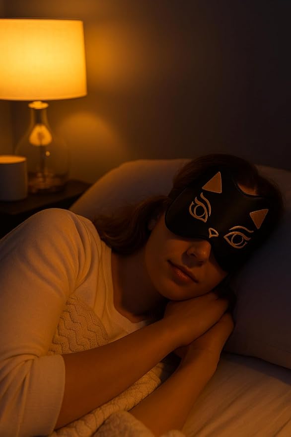 Silk Sleep Mask Blindfold Eye Mask for Sleep Cute Cat Print Embroidered Eye Cover Adjustable Oversized Egyptian Bastet with Gift Box&Pouch(Midnight Bastet-Adjustable Strap)