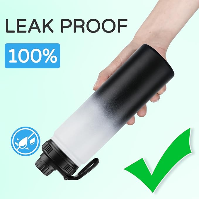 DOMICARE Insulated Water Bottle, 22 oz Vacuum Insulated Stainless Steel Reusable Sports Bottle with Straw Lid & Spout Lid for Travel, Camping, Bike, Leakproof, Black/White, 4 Pack