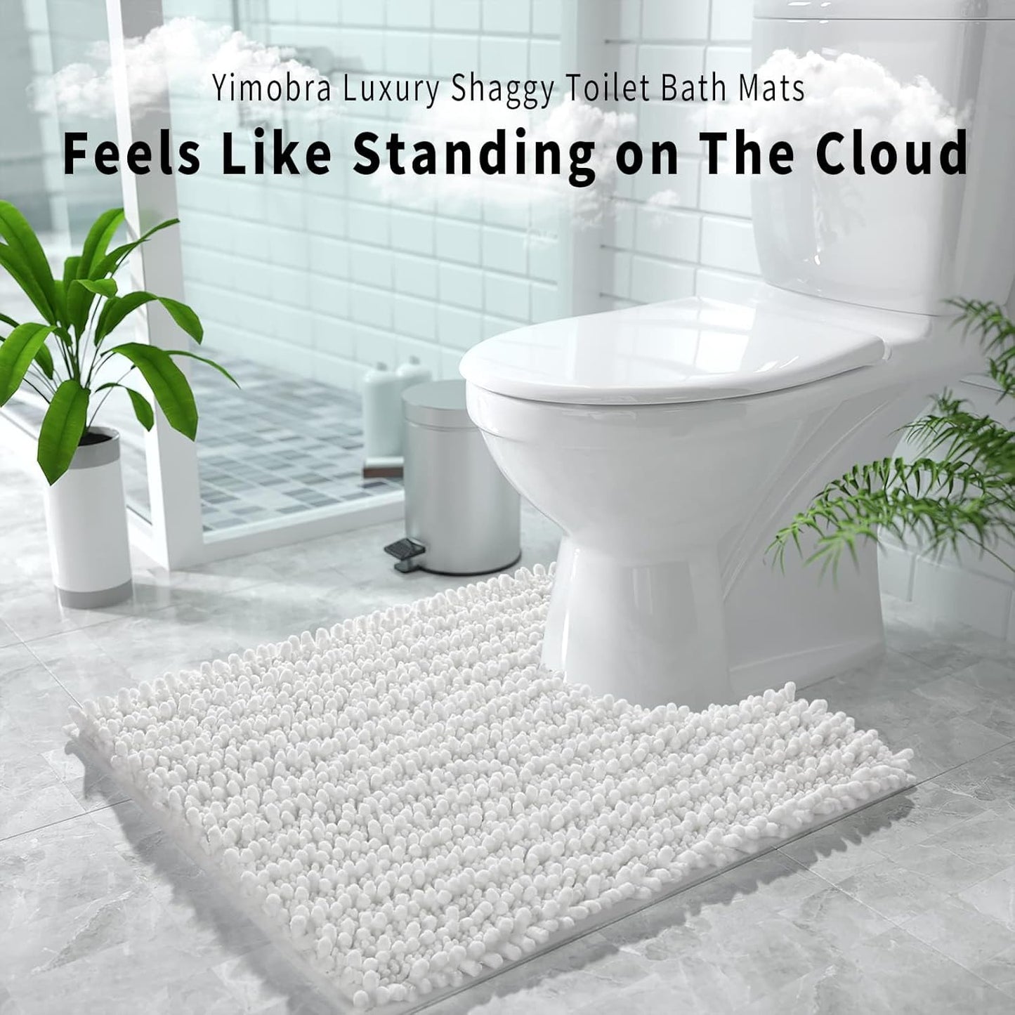 Yimobra Toilet Rug U Shaped Washable 24x20 Inch - Ultra Soft Absorbent Chenille Bath Rugs for Toilet, Quick Dry & Machine Washable, Non Slip Contour Bathroom Mat, White
