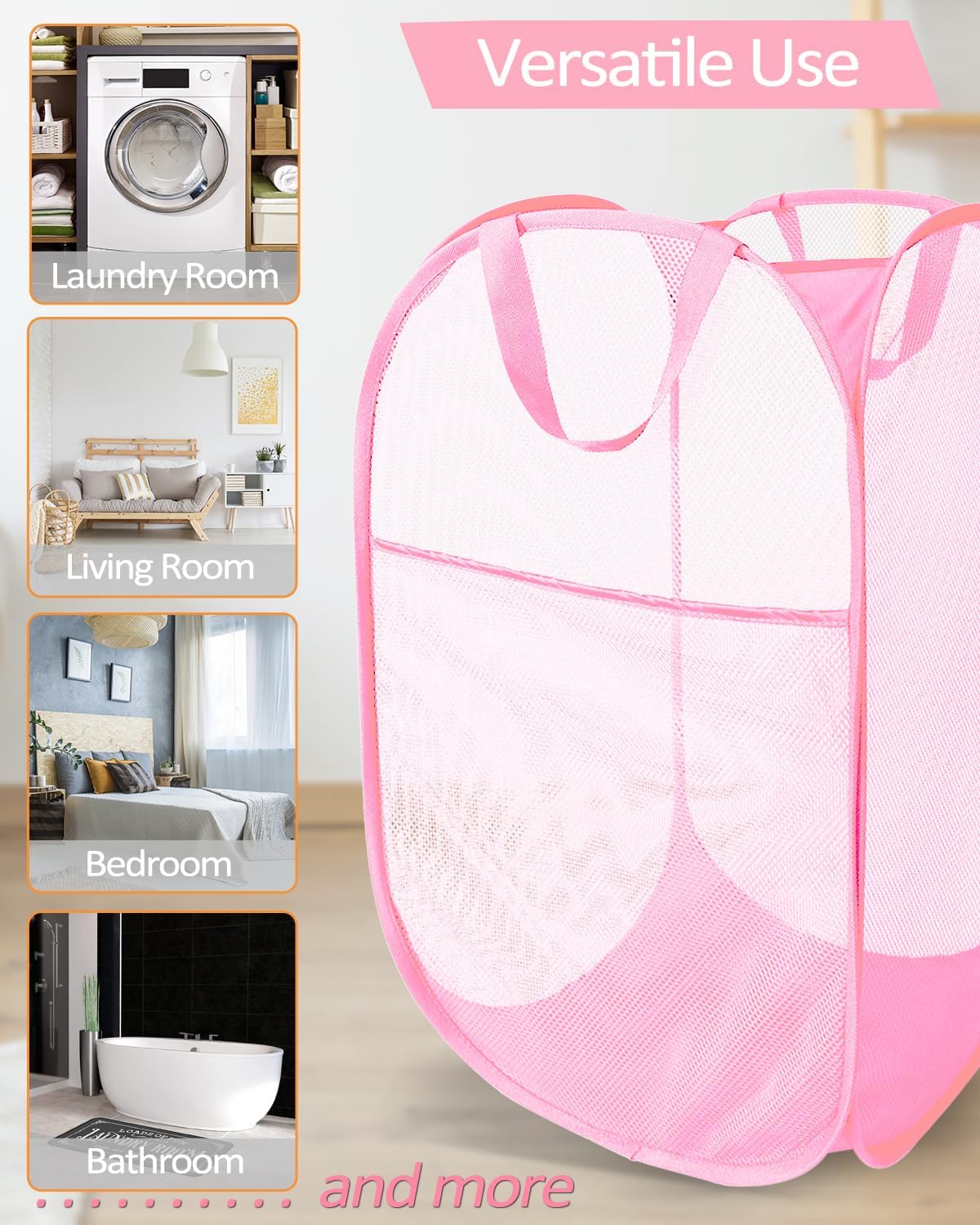 2 Pack Durable Collapsible Laundry Baskets - Reinforced Mesh Pop Up Laundry Hamper with Pocket, Foldable Dirty Clothes Hamper with Carry Handles for Laundry, Bathroom, Kids Room, Dorm or Travel Pink