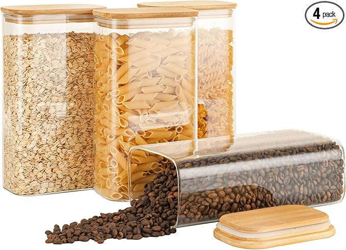 56oz Rectangle Airtight Glass Storage Containers with Bamboo Lids (Set of 4), Square Food Storage Jar, Pantry Organizers for Oats, Cereal, Pasta and Coffee beans (with Black Lable)