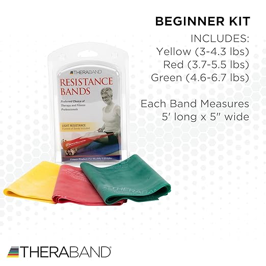 THERABAND Resistance Bands Set, Beginner Kit, Yellow, Red, Green, Latex Elastic Bands for Exercise & Physical Therapy, Strength Training Bands for Upper & Lower Body Fitness