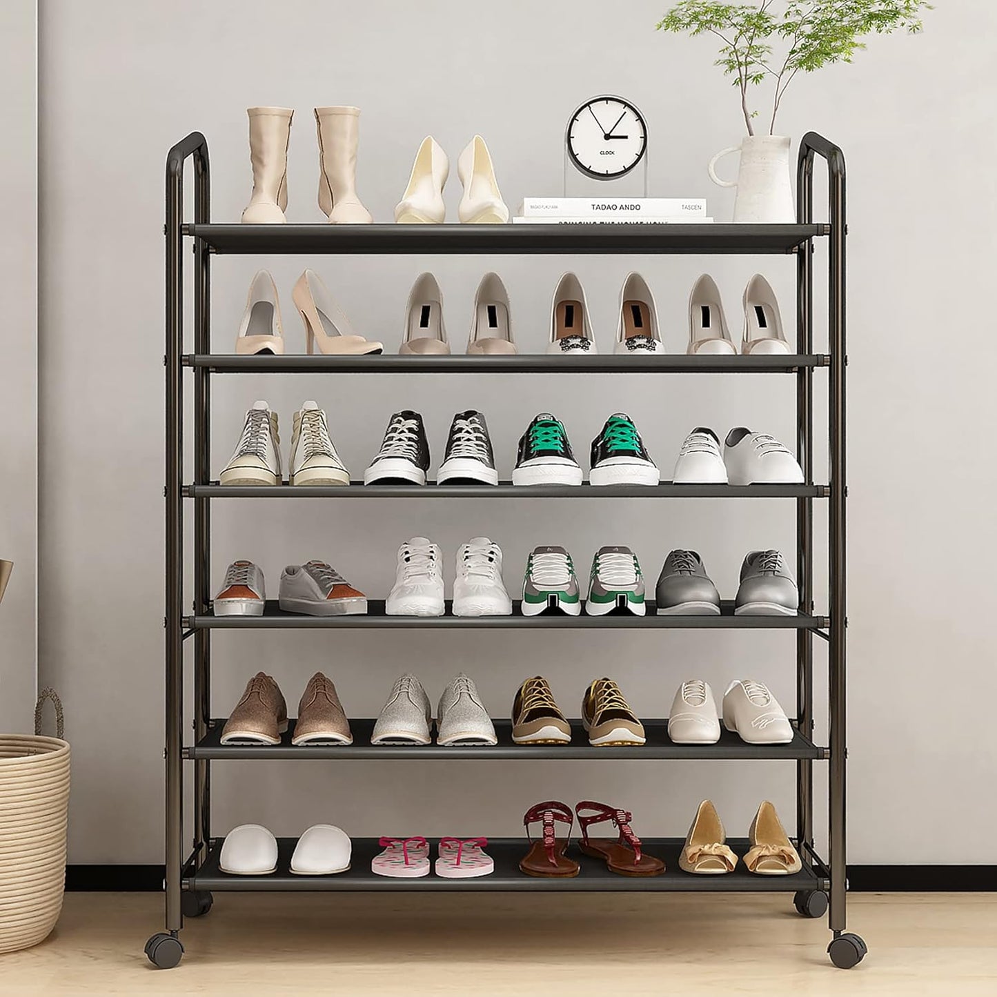 Tall 6-Tier Metal Shoe Rack,Non-Woven Fabric Shoe Shelf,Large Storage Racks with Locking Wheels,Rolling Shoe Storage Organizer Shoe Stand Holders,for Garage Closet Dorm,Black