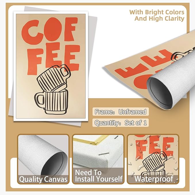 Retro Italian Espresso Coffee Bold Orange Sign Wall Art Stacked Black Stripe Coffee Cups Canvas Print Poster Modern Kitchen Minimalist Line Aesthetic Pictures Boho Decor for Cafe 24x36inch Unframed