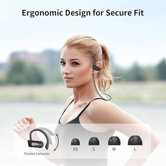 Bluetooth Headphones Wireless Earbuds with Spatial Audio Deep Bass Stereo Sound Isolation Bluetooth 5.4 IPX7 Waterproof Headphones with Digital Display Running Earphones for Sports, Gym, Workout