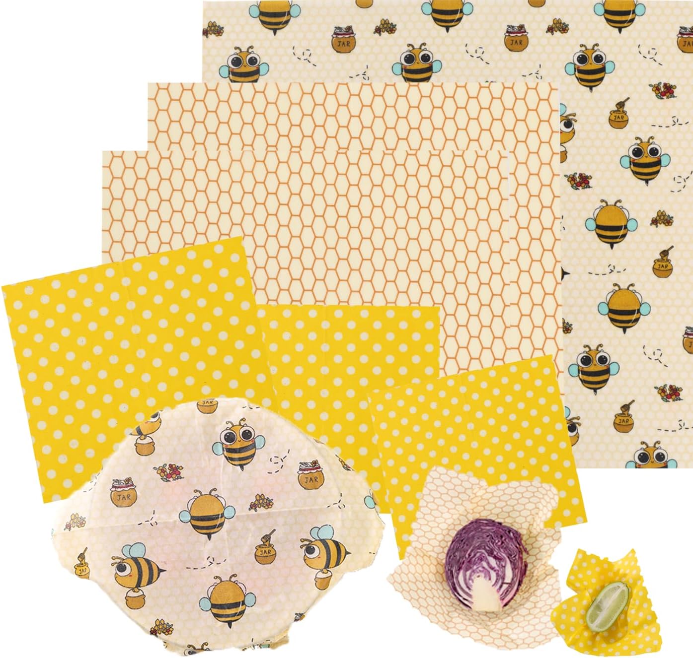 Reusable Beeswax Food Wraps - 6 Pack (3S,2M,1L) Eco-Friendly Beeswax Food Wraps, Bread Sandwich Wrapper - Bowl Cover, Sustainable, Zero Waste, Organic, Reusable Plastic-Free