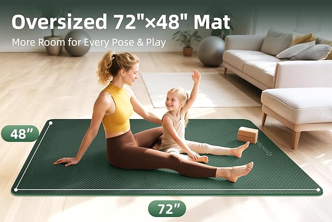 Extra Large Yoga Mat - 72"x35", 72"x48", 78"x57" - Wide TPE Exercise Mat for Home, Stretching, Couples & Family Workouts - 6-12mm Thick, Non-Slip & Waterproof - with Carry Bag and Straps