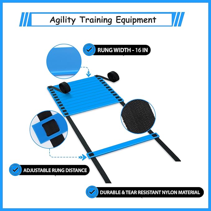 Soccer Agility Training Equipment Set, Soccer Accessories 12 Rung 20Ft Agility Ladder, 12 Disc Cones, Solo Soccer Trainer, Jump Rope - Speed Training Equipment Gifts for boy