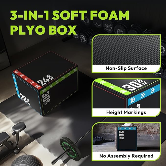 3-in-1 Plyometric Box, Jumping Exercise Equipment Trainer with Non-Slip Surface for Workout Training, Pro-Duty HIIT Exercise Foam Plyo Box, Home Gym