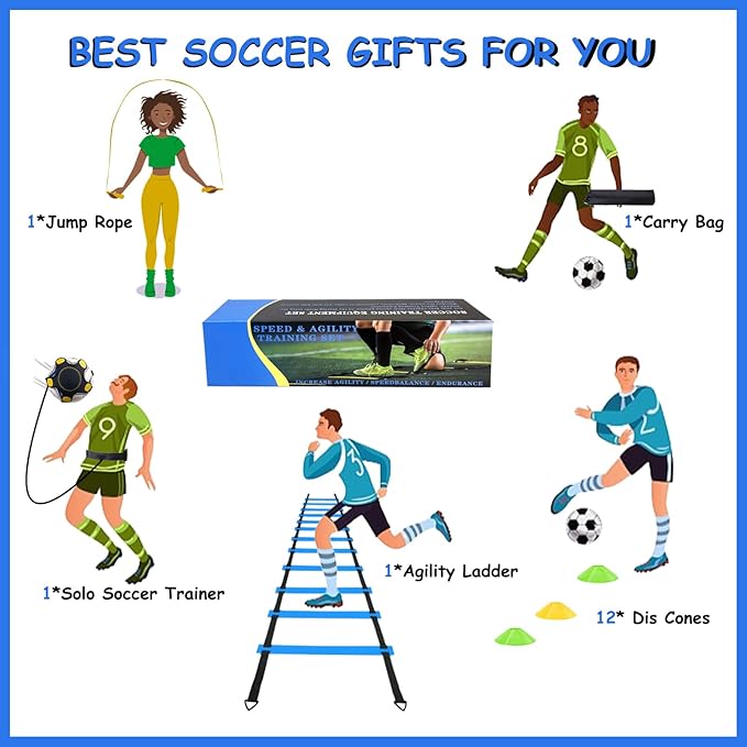 Soccer Agility Training Equipment Set, Soccer Accessories 12 Rung 20Ft Agility Ladder, 12 Disc Cones, Solo Soccer Trainer, Jump Rope - Speed Training Equipment Gifts for boy