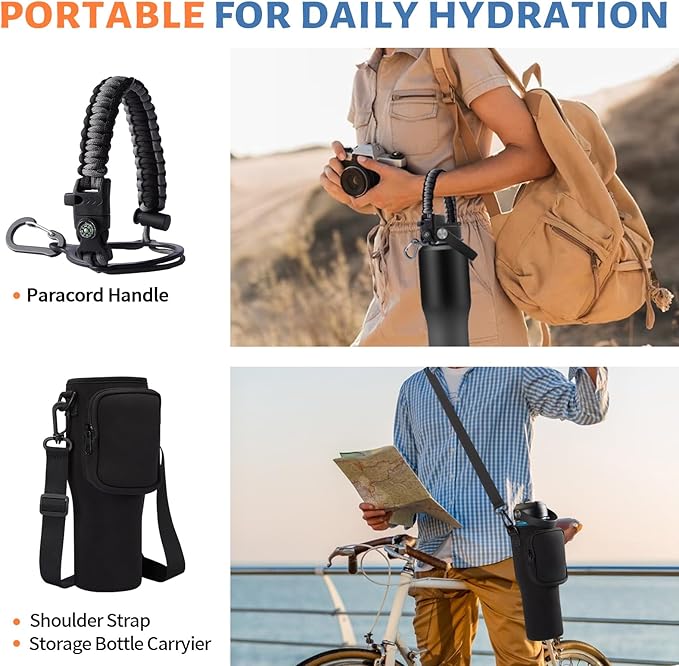 Insulated Water Bottle Fit in Car Cup Holder - 32oz Stainless Steel Tumblers with Straw & Spout Lids, Paracord Handle, Carrier Bag & Bottle Boot, Insulated Tumbler Mug Keep Cold-48H &Hot-12H