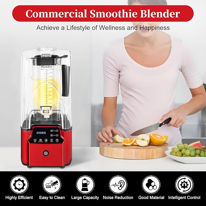 Professional 2.2L/74.4oz Commercial Smoothie Food Processing Blender for Shakes and Smoothies, 2200W Power Blender with Soundproof Shield for Fruits, Frozen Drinks