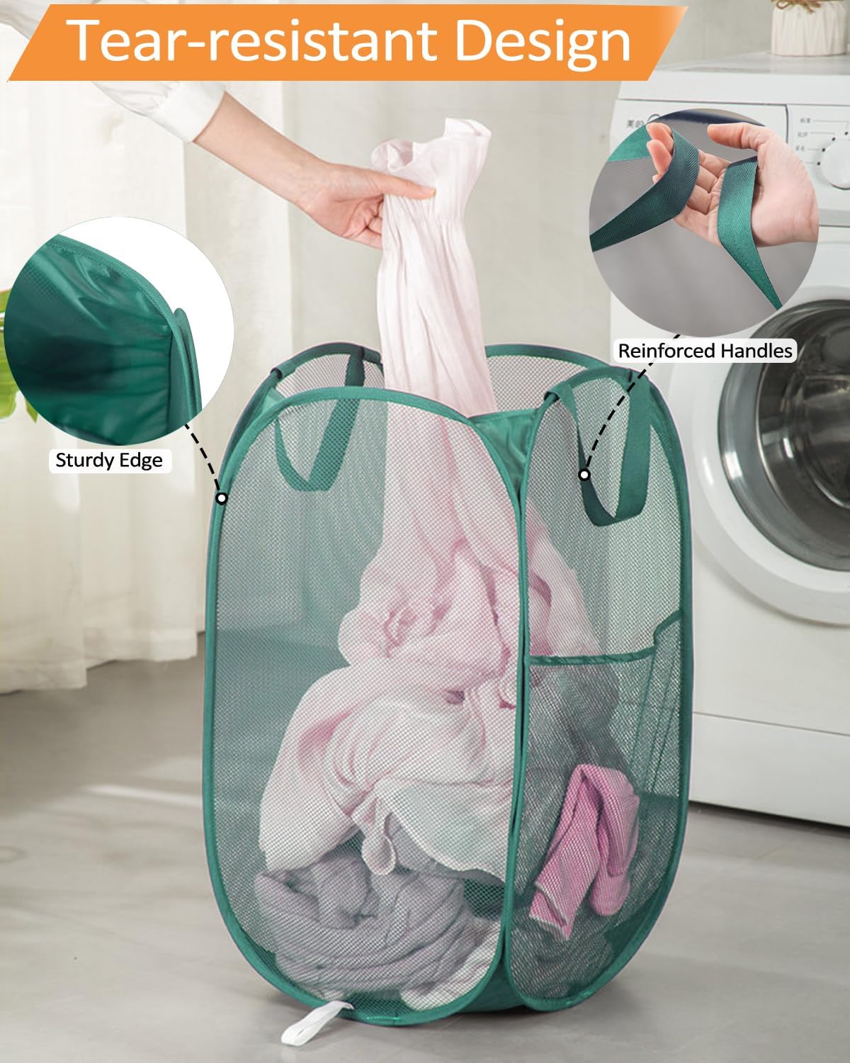 2 Pcs Durable Collapsible Laundry Baskets - Reinforced Mesh Pop Up Laundry Hamper with Pocket, Foldable Dirty Clothes Hamper with Carry Handles for Laundry, Bathroom, Kids Room, Dorm or Travel Green